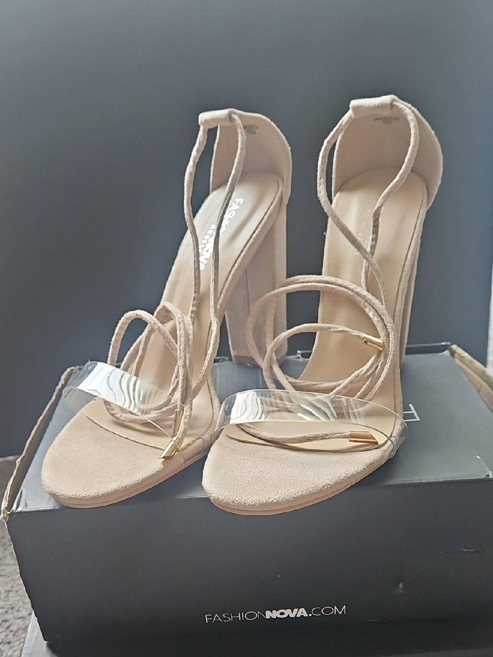 Fashion Nova Nude Lace-Up Block Heel Sandals
